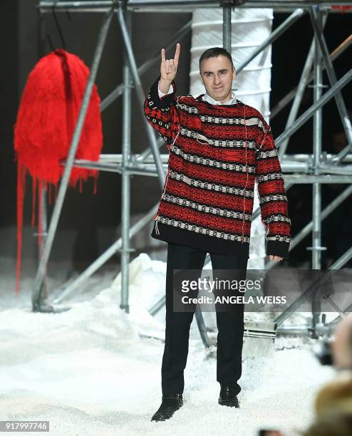 Fashion Designer Raf Simons walks the runway for Calvin Klein 205W39NYC during New York Fashion Week at the American Stock Exchange Building on...