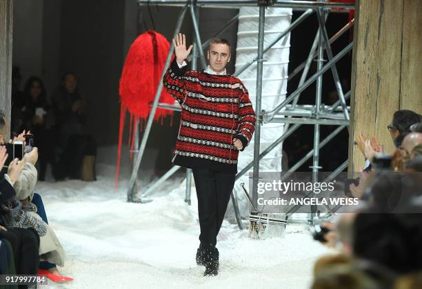 Fashion Designer Raf Simons walks the runway for Calvin Klein 205W39NYC during New York Fashion Week at the American Stock Exchange Building on...