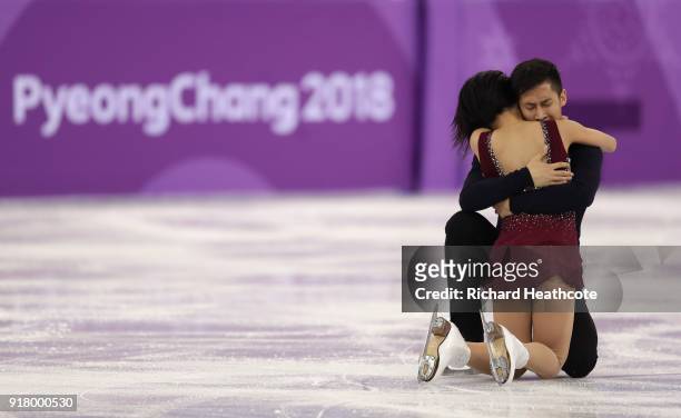 Wenjing Sui and Cong Han of China react after their routine during the Pair Skating Short Program on day five of the PyeongChang 2018 Winter Olympics...