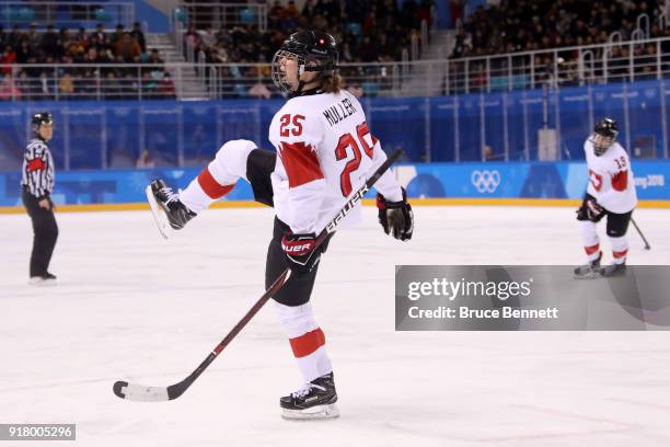 Alina Muller of Switzerland reacts after scoring a goal against Sweden during the Women's Ice Hockey Preliminary Round Group B game on day five of...