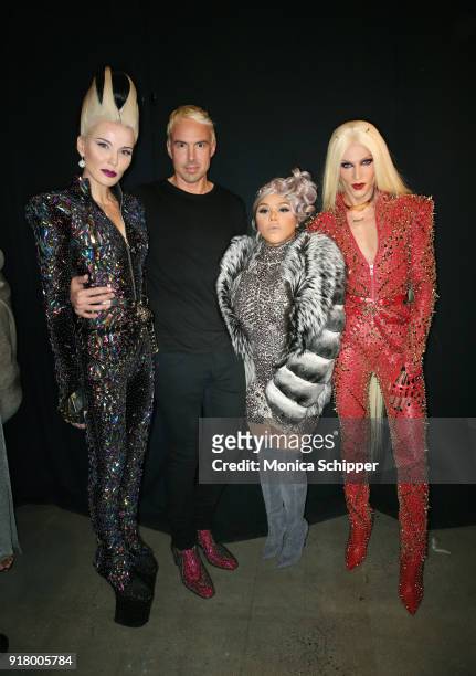 Art collector Daphne Guiness, David Blonde, Lil' Kim, and Phillippe Blonde pose backstage for The Blonds during New York Fashion Week: The Shows at...
