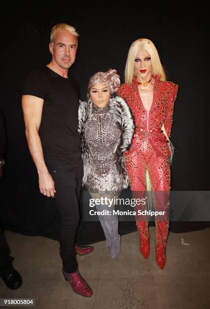 David Blonde, Lil' Kim, and Phillippe Blonde pose backstage for The Blonds during New York Fashion Week: The Shows at Gallery I at Spring Studios on...