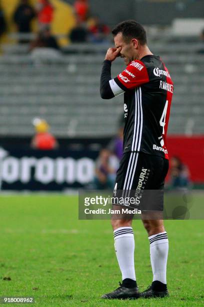Rafael Marquez of Atlas reacts during the 7th round match between Atlas and Necaxa as part of the Torneo Clausura 2018 Liga MX at Jalisco Stadium on...
