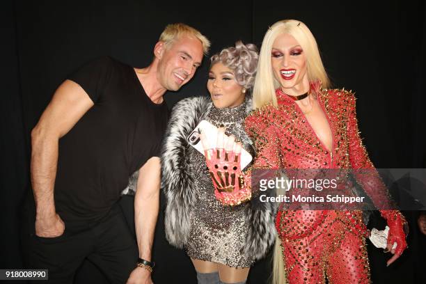 Designer David Blonde, Lil' Kim, and designer Phillippe Blonde pose backstage for The Blonds during New York Fashion Week: The Shows at Gallery I at...