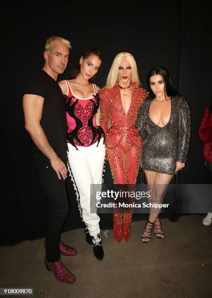 David Blond, Carmen Carrera, Phillipe Blond and Amra Olevic pose backstage for The Blonds during New York Fashion Week: The Shows at Gallery I at...