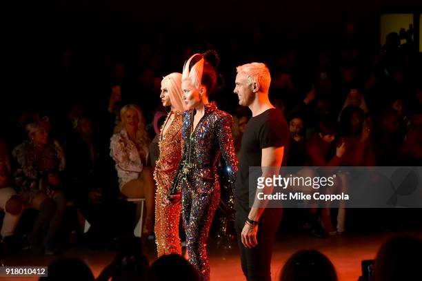 Designers Phillipe and David Blond and art collector Daphne Guinness walk the runway during The Blonds runway show during New York Fashion Week: The...
