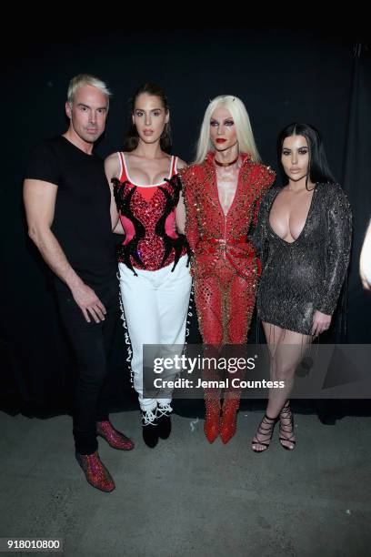 Designer David Blond, Carmen Carrera, Phillipe Blond, and Amra Olevic pose backstage at The Blonds front row during New York Fashion Week: The Shows...