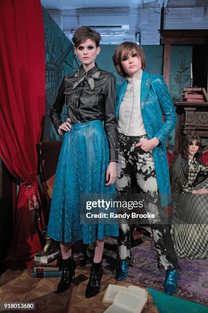 Models pose at the Alice + Olivia By Stacey Bendet Presentation during New York Fashion Week at Industria Studios on February 13, 2018 in New York...