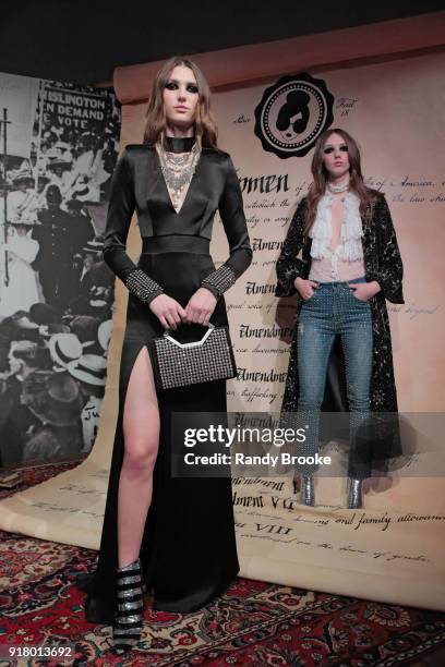 Models pose at the Alice + Olivia By Stacey Bendet Presentation during New York Fashion Week at Industria Studios on February 13, 2018 in New York...