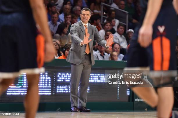 Head coach Tony Bennett of the Virginia Cavaliers reacts during the second half of the game against the Miami Hurricanes at The Watsco Center on...