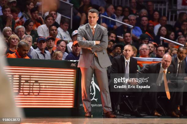 Head coach Tony Bennett of the Virginia Cavaliers watches his team during the second half of the game against the Miami Hurricanes at The Watsco...