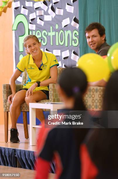 Jess Trengove takes questions from students during the Commonwealth Games Schools Assembly at Pennington Primary School on February 14, 2018 in...