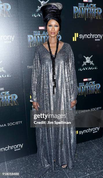 Model Iman attends the screening of Marvel Studios' "Black Panther" hosted by The Cinema Society with Ravage Wines and Synchrony at Museum of Modern...