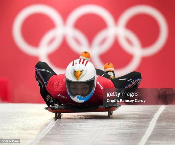 Pyeongchang-gun , South Korea - 14 February 2018; Katie Uhlaender of USA trains during the Ladies Skeleton training session on day five of the Winter...