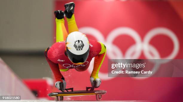 Pyeongchang-gun , South Korea - 14 February 2018; Jacqueline Loelling of Germany trains during the Ladies Skeleton training session on day five of...