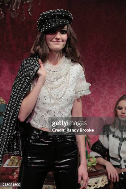 Model poses at the Alice + Olivia By Stacey Bendet Presentation during New York Fashion Week at Industria Studios on February 13, 2018 in New York...