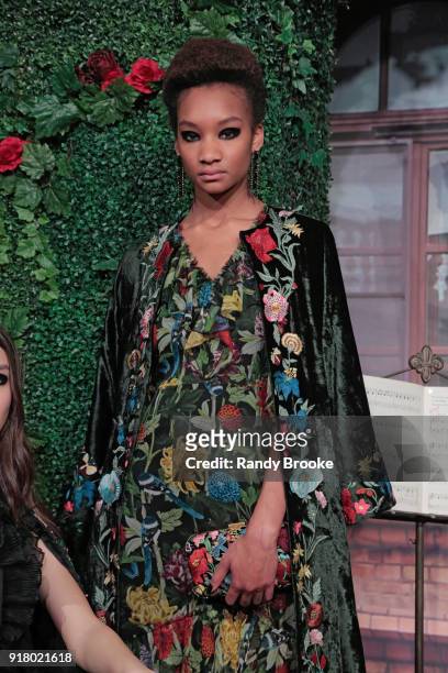 Model poses at the Alice + Olivia By Stacey Bendet Presentation during New York Fashion Week at Industria Studios on February 13, 2018 in New York...