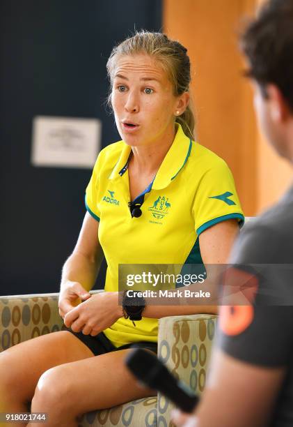 Jess Trengove takes questions from students during the Commonwealth Games Schools Assembly at Pennington Primary School on February 14, 2018 in...