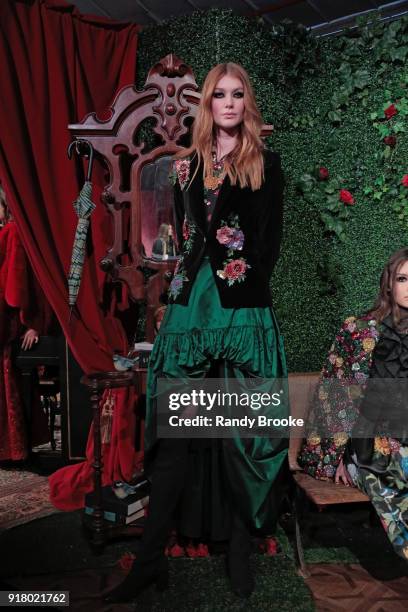 Model poses at the Alice + Olivia By Stacey Bendet Presentation during New York Fashion Week at Industria Studios on February 13, 2018 in New York...