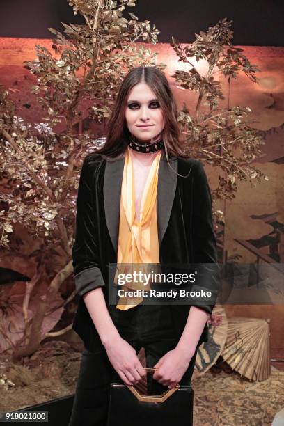 Model poses at the Alice + Olivia By Stacey Bendet Presentation during New York Fashion Week at Industria Studios on February 13, 2018 in New York...