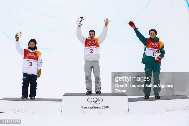 Shaun White of USA takes 1st place, Ayumu Hirano of Japan takes 2nd place, Scotty James of Australia takes 3rd place during the Snowboarding Men's...