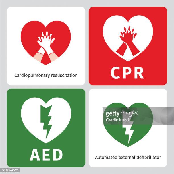 ilustraciones, imágenes clip art, dibujos animados e iconos de stock de aed y cpr - señales de emergencia - curso de primeros auxilios
