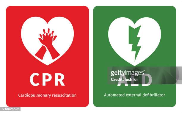 ilustraciones, imágenes clip art, dibujos animados e iconos de stock de símbolos de cpr y aed - curso de primeros auxilios
