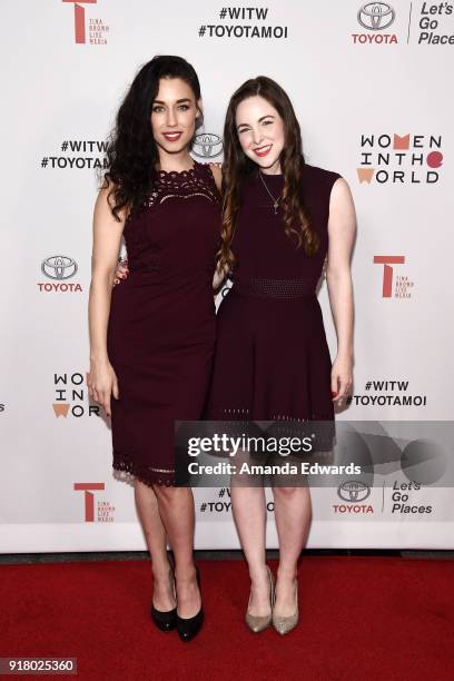 Actresses Jade Tailor and Brittany Curran arrive at the 2018 Women In The World Los Angeles Salon at NeueHouse Hollywood on February 13, 2018 in Los...