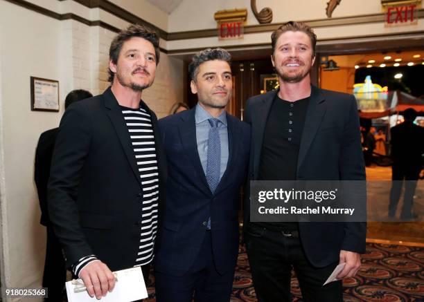 Actors Pedro Pascal, Oscar Isaac, and Garrett Hedlund attend the Los Angeles Premiere of 'Annihilaton' at Regency Village Theatre on February 13,...