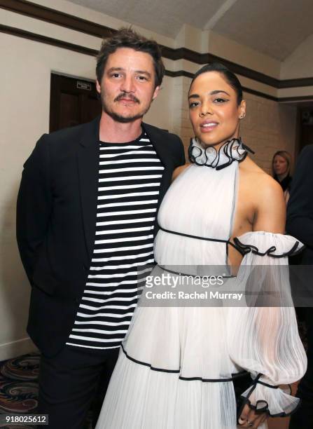 Actors Pedro Pascal and Tessa Thompson attend the Los Angeles Premiere of 'Annihilaton' at Regency Village Theatre on February 13, 2018 in Westwood,...
