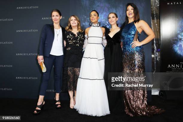 Actors Tuva Novotny, Jennifer Jason Leigh, Tessa Thompson, Natalie Portman, and Gina Rodriguez attend the Los Angeles Premiere of 'Annihilaton' at...