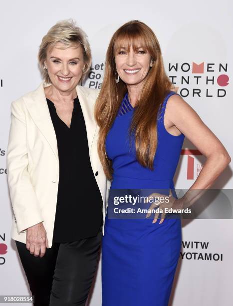 Journalist Tina Brown and actress Jane Seymour arrive at the 2018 Women In The World Los Angeles Salon at NeueHouse Hollywood on February 13, 2018 in...