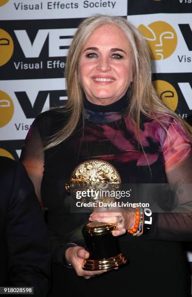 Producer Darla K. Anderson attends the press room at the 16th Annual VES Awards at The Beverly Hilton Hotel on February 13, 2018 in Beverly Hills,...