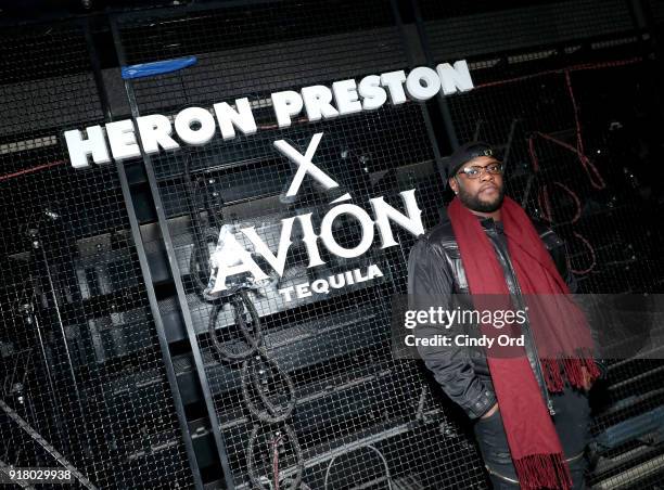 Guest attends the Heron Preston + Tequila Avion Dance Party in Celebration Of Heron Preston "Public Figure" at Public Arts on February 13, 2018 in...
