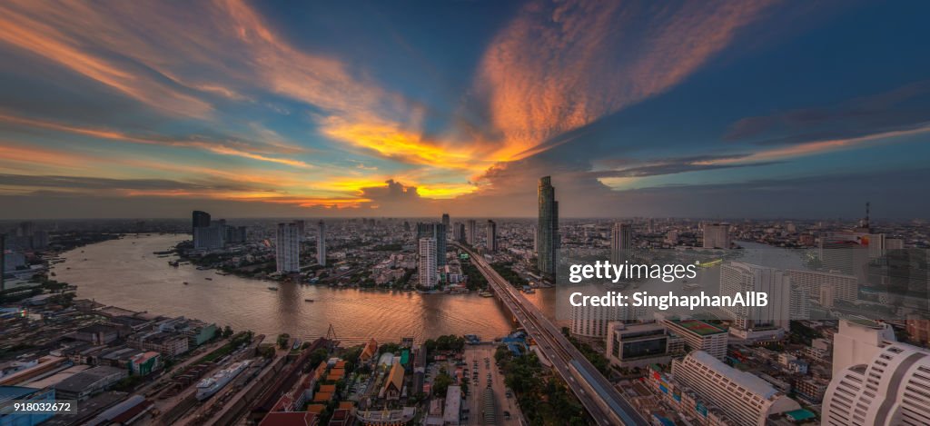 Aerial panorama view of Bangkok city and Chaophraya river