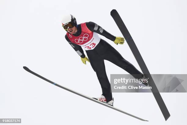 Francois Braud of France makes a trial jump during the Nordic Combined Individual Gundersen Normal Hill and 10km Cross Country on day five of the...