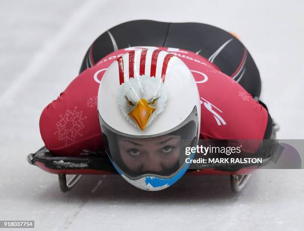 Katie Uhlaender looks at the track in a training session for the women's skeleton during the Pyeongchang 2018 Winter Olympic Games, at the Olympic...