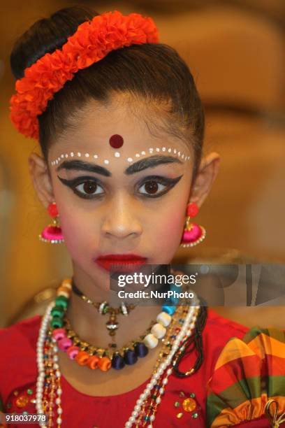 Indian Tamil girl representing the Indian state of Tamil Nadu poses for a photo before competing in a traditional Indian folk dance competition held...