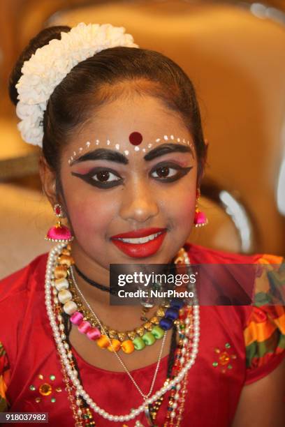 Indian Tamil girl representing the Indian state of Tamil Nadu poses for a photo before competing in a traditional Indian folk dance competition held...