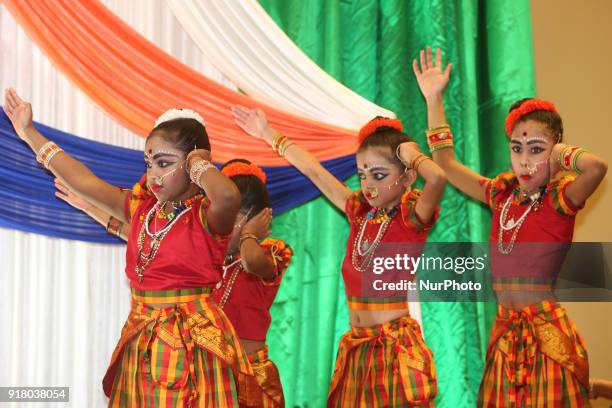 Indian Tamil girls representing the state of Tamil Nadu compete in a traditional Indian folk dance competition held in Mississauga, Ontario, Canada,...