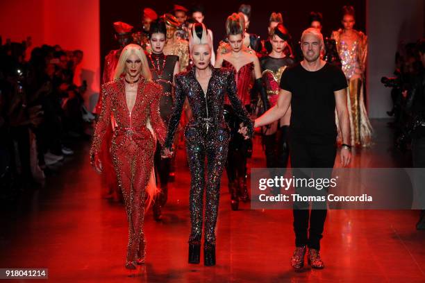 Phillipe Blond, Daphne Guinness, and David Blond walk the runway during the finale of The Blonds Fall 2018 Collection runway show with makeup by...