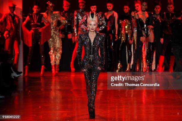 Daphne Guinness walks the runway wearing The Blonds Fall 2018 Collection with makeup by Kabuki Magic and the MAC Pro team, hair by Kien Hoang and...