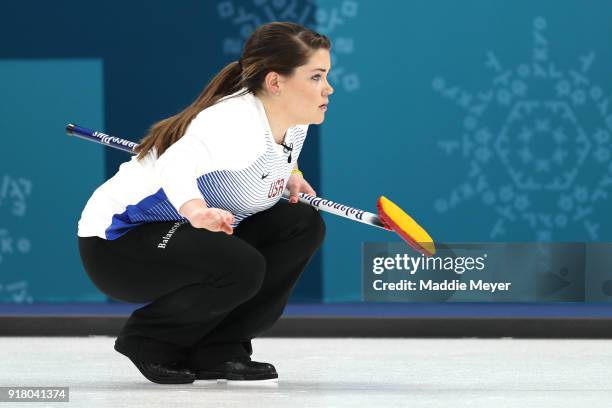 Becca Hamilton of the United States of America looks on during Women's Round Robin Session 1 on day five of the PyeongChang 2018 Winter Olympic Games...