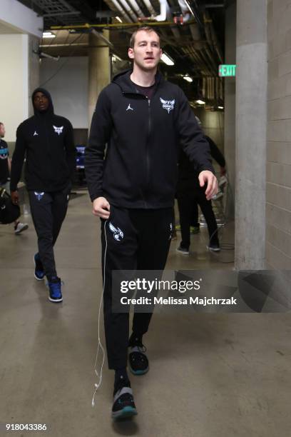 Cody Zeller of the Charlotte Hornets arrives before the game against the Utah Jazz on February 9, 2018 at Vivint Smart Home Arena in Salt Lake City,...