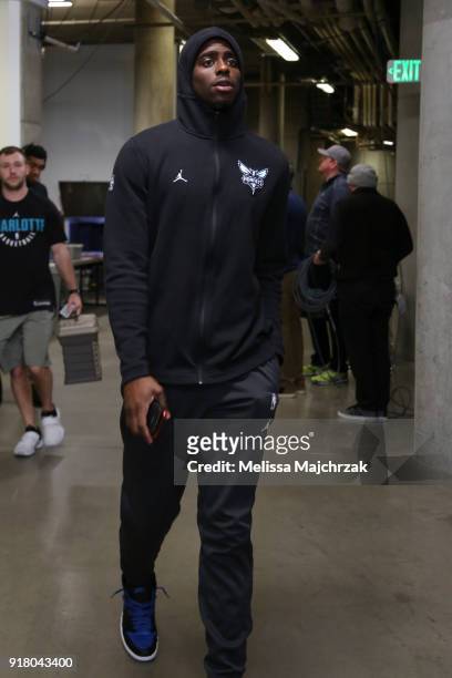 Johnny O'Bryant III of the Charlotte Hornets arrives before the game against the Utah Jazz on February 9, 2018 at Vivint Smart Home Arena in Salt...