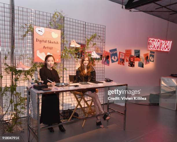 Digital sketch artists attend PUMA Galentine's Day Event with Yara Shahidi and Elaine Welteroth at Siren Studios on February 13, 2018 in Hollywood,...