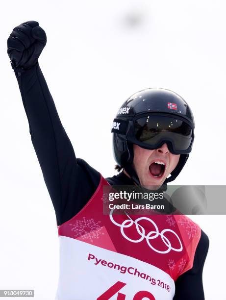 Jarl Magnus Riiber of Norway reacts as he lands a jump during the Nordic Combined Individual Gundersen Normal Hill and 10km Cross Country on day five...