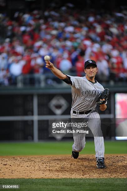 Huston Street of the Colorado Rockies pitches during Game 2 of the National League Division Series against the Philadelphia Philies at Citizens Bank...