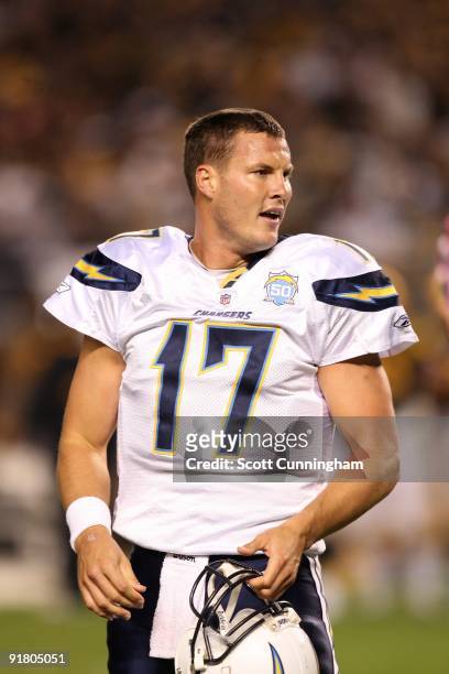 Philip Rivers of the San Diego Chargers celebrates after a score against the Pittsburgh Steelers at Heinz Field on October 4, 2009 in Pittsburgh,...