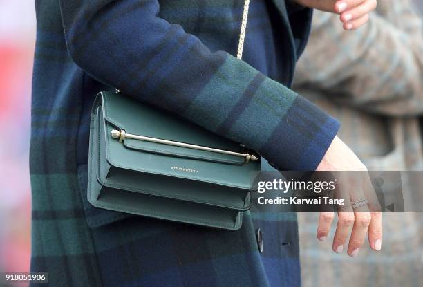 Prince Harry and Meghan Markle, bag detail, visit Edinburgh Castle during their first official joint visit to Scotland on February 13, 2018 in...